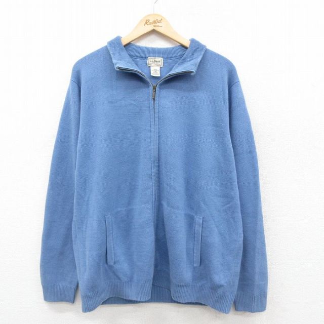XL★古着 エルエルビーン LLBEAN 長袖 フルジップ ニット カーディガン メンズ 00年代 00s 無地 コットン 薄紺 ネイビー 25oct23 中古 トップス