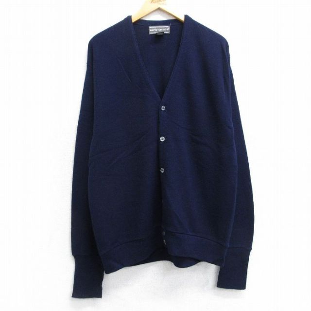 L★古着 長袖 ニット カーディガン メンズ 90年代 90s 無地 アクリル USA製 紺 ネイビー 25oct24 中古 トップス