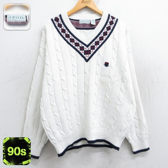 IZOD 90s ケーブルチルデンセーター ワンポイントロゴ ホワイト L | 古着