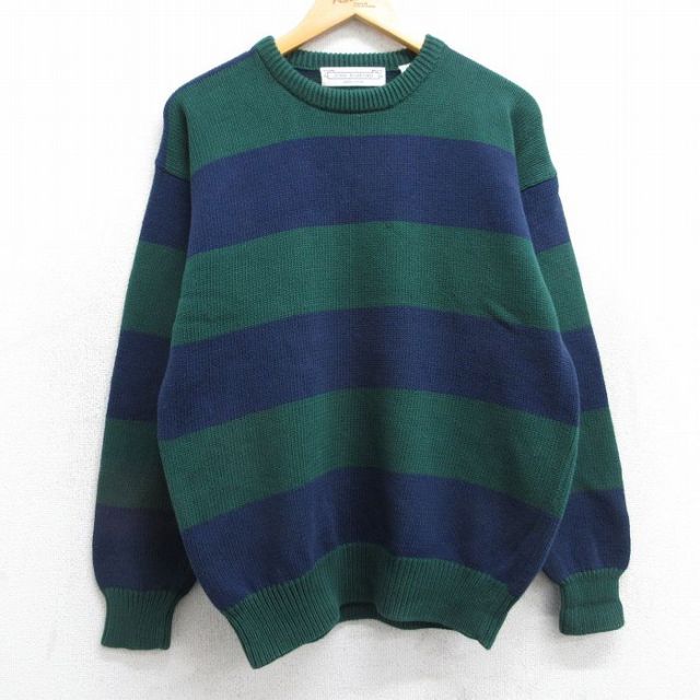 M★古着 長袖 セーター メンズ 90年代 90s ツートンカラー コットン クルーネック 緑他 グリーン ボーダー 25oct24 中古 ニット トップス