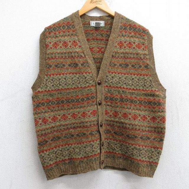 L★古着 エルエルビーン LLBEAN ニット ベスト メンズ 90年代 90s フェアアイル ウール スコットランド製 濃ベージュ他 カーキ 【spe】 25oct24 中古 トップス
