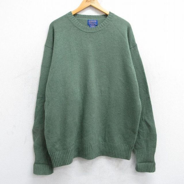 XL★古着 ペンドルトン PENDLETON 長袖 セーター メンズ 無地 シェットランドウール クルーネック 緑 グリーン 25oct24 中古 ニット トップス