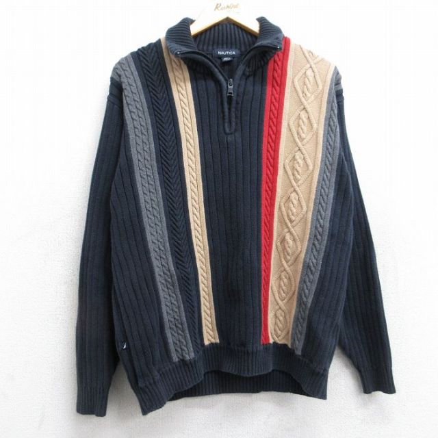 L★古着 ノーティカ NAUTICA 長袖 ハーフジップ ケーブル セーター メンズ マルチカラー コットン 紺他 ネイビー 25oct24 中古 ニット トップス