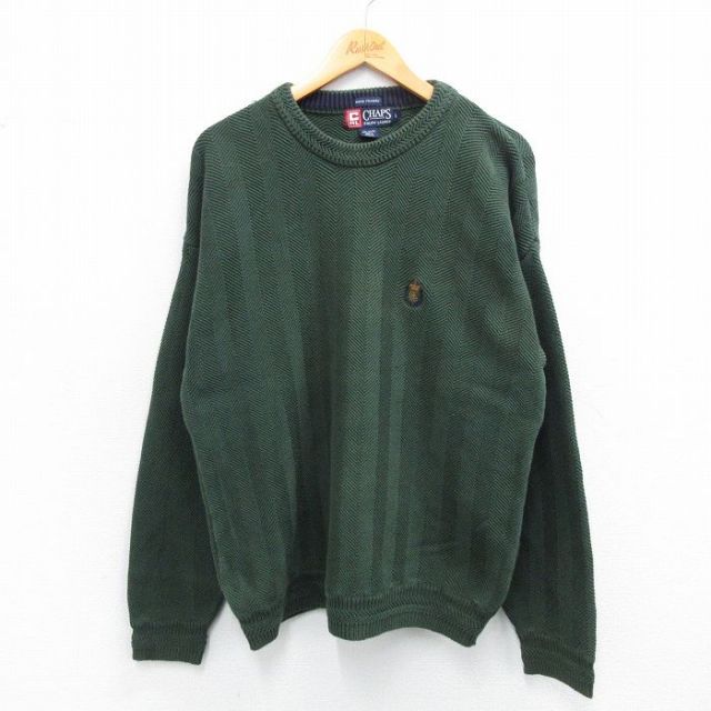 L★古着 ラルフローレン Ralph Lauren チャップス 長袖 ブランド セーター メンズ 90年代 90s ワンポイントロゴ 手織り コットン クルーネック 緑 グリーン 25oct24 中古 ニット トップス