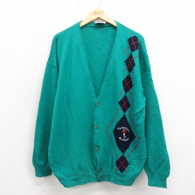 XL★古着 長袖 ニット カーディガン メンズ 90年代 90s アーガイル ラムウール スコットランド製 青緑 25oct25 中古 トップス