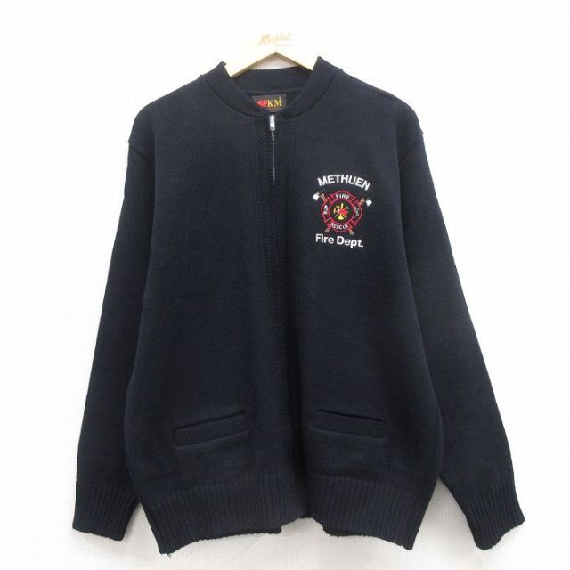 L★古着 長袖 ニット カーディガン メンズ 80年代 80s 消防署 アクリル USA製 黒 ブラック 25oct25 中古 トップス