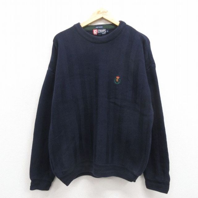 XL★古着 ラルフローレン Ralph Lauren チャップス 長袖 ブランド セーター メンズ 90年代 90s ワンポイントロゴ 手織り コットン クルーネック 紺 ネイビー 【spe】 25oct25 中古 ニット トップス