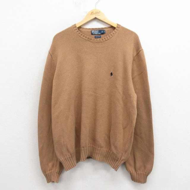XL★古着 ラルフローレン Ralph Lauren 長袖 ブランド セーター メンズ 90年代 90s ワンポイントロゴ コットン クルーネック 茶 ブラウン 【spe】 25oct25 中古 ニット トップス