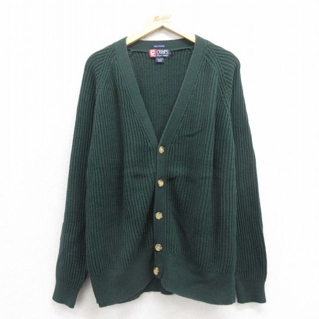 XL★古着 ラルフローレン Ralph Lauren チャップス 長袖 ブランド ニット カーディガン メンズ 90年代 90s 手織り コットン ラグラン 緑 グリーン 【spe】 25oct25 中古 トップス