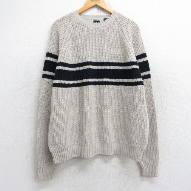 XL★古着 ギャップ GAP 長袖 セーター メンズ 00年代 00s ラグラン コットン クルーネック ベージュ他 カーキ 25oct28 中古 ニット トップス