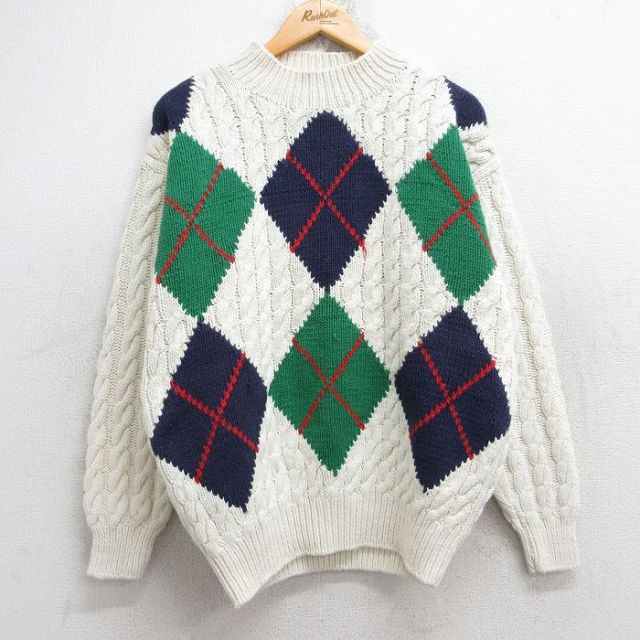 M★古着 ギャップ GAP 長袖 ケーブル セーター メンズ 90年代 90s アーガイル コットン モックネック ハイネック 白 ホワイト 【spe】 25oct28 中古 ニット トップス
