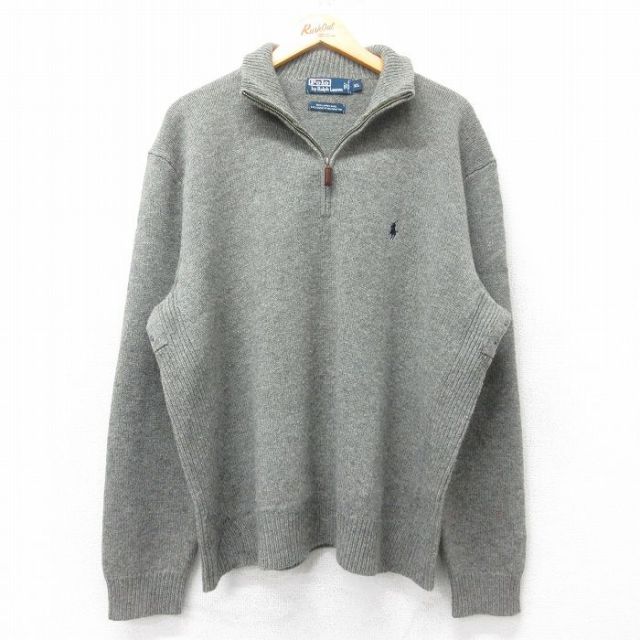 XL★古着 ラルフローレン Ralph Lauren 長袖 ブランド ハーフジップ セーター メンズ 90年代 90s ワンポイントロゴ 大きいサイズ ラムウール グレー 25oct28 中古 ニット トップス