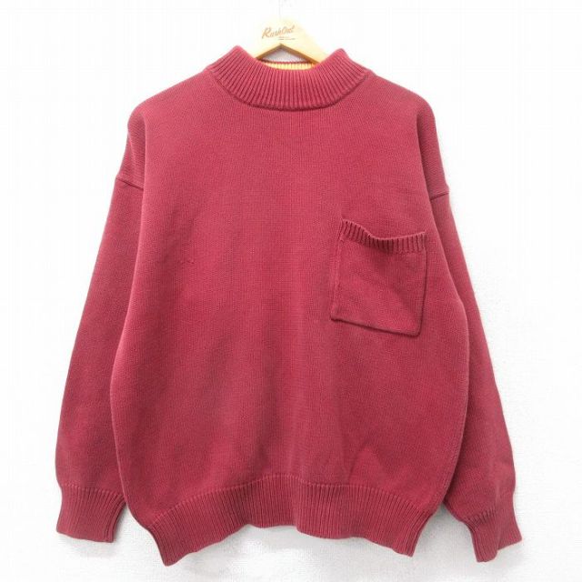 L★古着 ギャップ GAP 長袖 セーター メンズ 90年代 90s 胸ポケット付き コットン モックネック ハイネック エンジ 25oct28 中古 ニット トップス