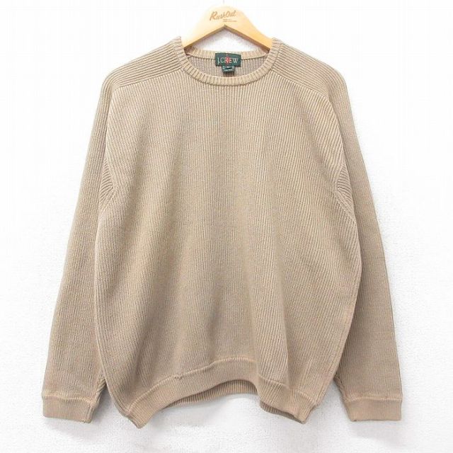 L★古着 ジェイクルー J.CREW 長袖 セーター メンズ 90年代 90s コットン クルーネック 濃ベージュ カーキ 25oct28 中古 ニット トップス