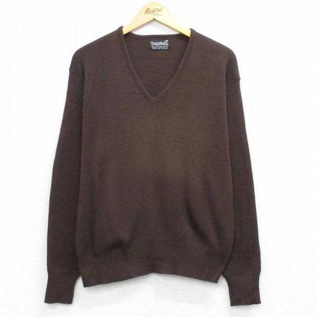 L★古着 長袖 セーター メンズ 80年代 80s 無地 アクリル Vネック 茶 ブラウン 25oct27 中古 ニット トップス