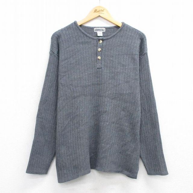 L★古着 エアロポステール AEROPOSTALE 長袖 セーター メンズ 00年代 00s 無地 コットン ヘンリーネック グレー 25oct27 中古 ニット トップス