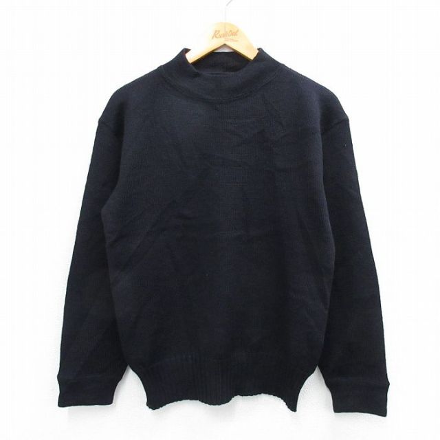 M★古着 長袖 セーター メンズ ミリタリー ステンシル ウール モックネック ハイネック 濃紺 ネイビー 25oct29 中古 ニット トップス