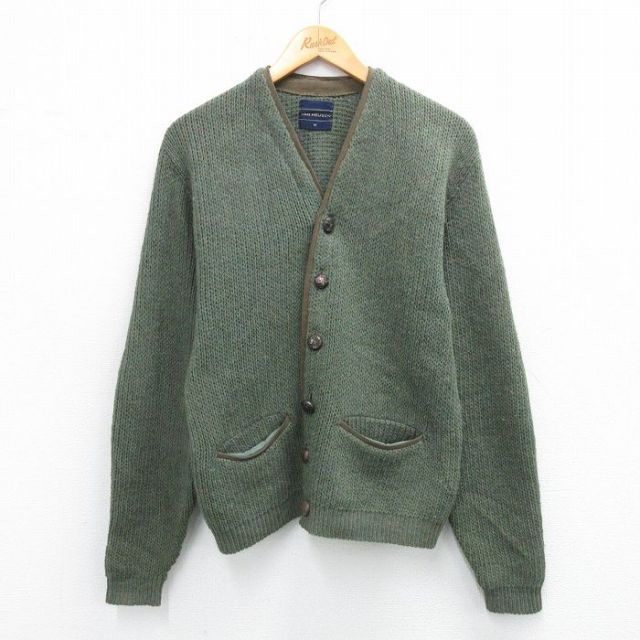 S★古着 バンヒューセン 長袖 ビンテージ ニット カーディガン メンズ 60年代 60s ヒジ当て レザー使用 ウール 緑他 グリーン 【spe】 25oct29 中古 トップス