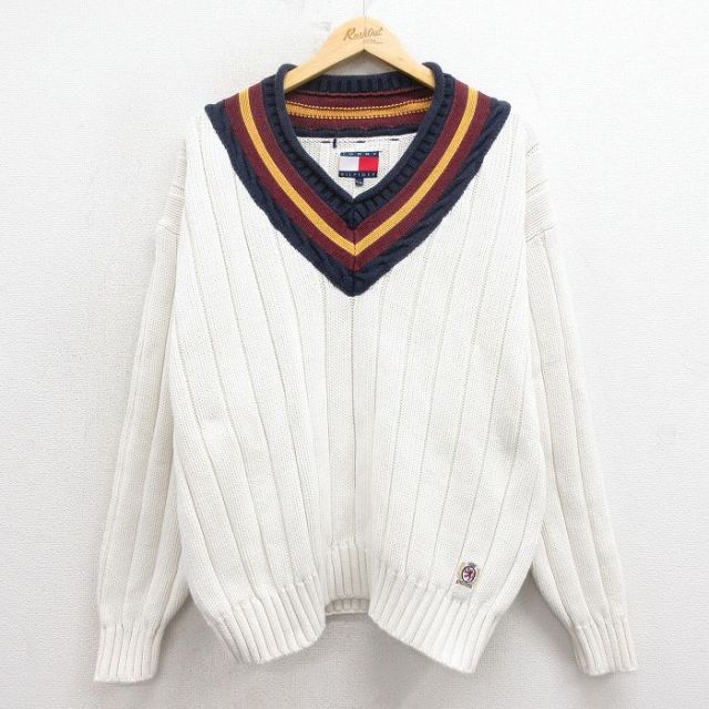 XL★古着 トミーヒルフィガー TOMMY HILFIGER 長袖 ブランド チルデン セーター メンズ 90年代 90s ワンポイントロゴ 白 ホワイト 【spe】 25oct29 中古 ニット トップス