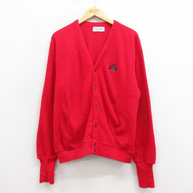 L★古着 IZOD 長袖 ニット カーディガン メンズ 90年代 90s ワンポイントロゴ アクリル USA製 赤 レッド 25oct29 中古 トップス