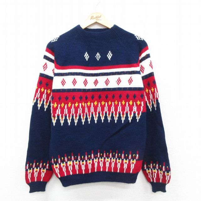 M★古着 長袖 セーター メンズ 80年代 80s ラグラン アクリル モックネック ハイネック 紺他 ネイビー 25oct30 中古 ニット トップス