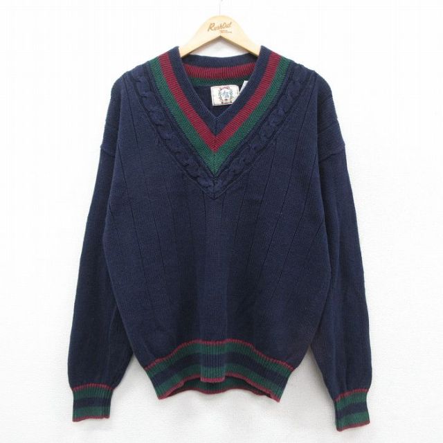L★古着 シアーズ 長袖 チルデン セーター メンズ 90年代 90s Vネック 紺他 ネイビー 25oct30 中古 ニット トップス