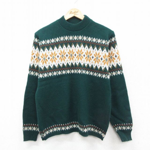 S★古着 長袖 ノルディック セーター メンズ 90年代 90s 雪柄 クルーネック 緑他 グリーン 25oct30 中古 ニット トップス