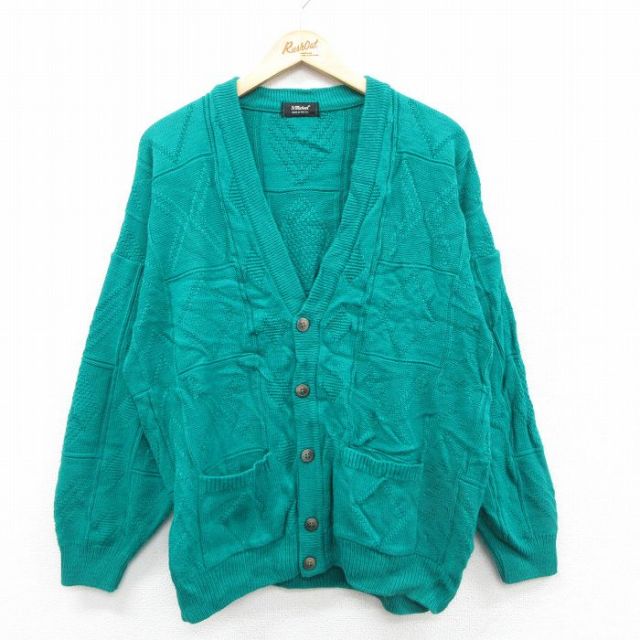 XL★古着 長袖 ニット カーディガン メンズ 90年代 90s アクリル イギリス製 青緑 25oct30 中古 トップス