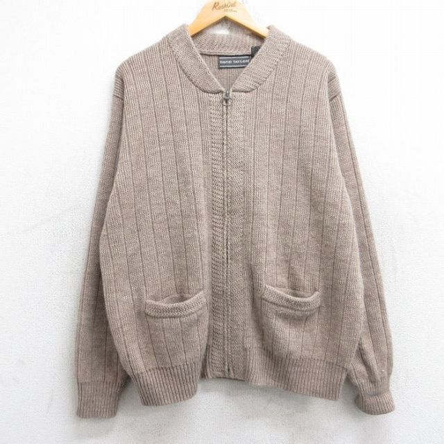 L★古着 長袖 フルジップ ニット カーディガン メンズ 90年代 90s アクリル ベージュ カーキ 25nov01 中古 トップス