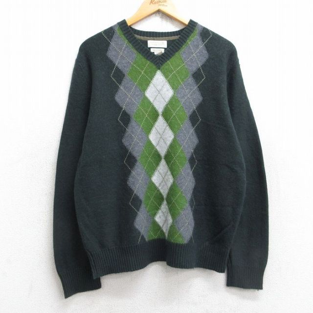 M★古着 バナナリパブリック BANANA REPUBLIC 長袖 ブランド セーター メンズ アーガイル Vネック 濃緑他 グリーン 25nov01 中古 ニット トップス