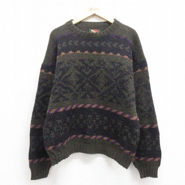 L★古着 長袖 ノルディック セーター メンズ 00年代 00s 雪柄 クルーネック 緑他 グリーン 【spe】 25nov01 中古 ニット トップス