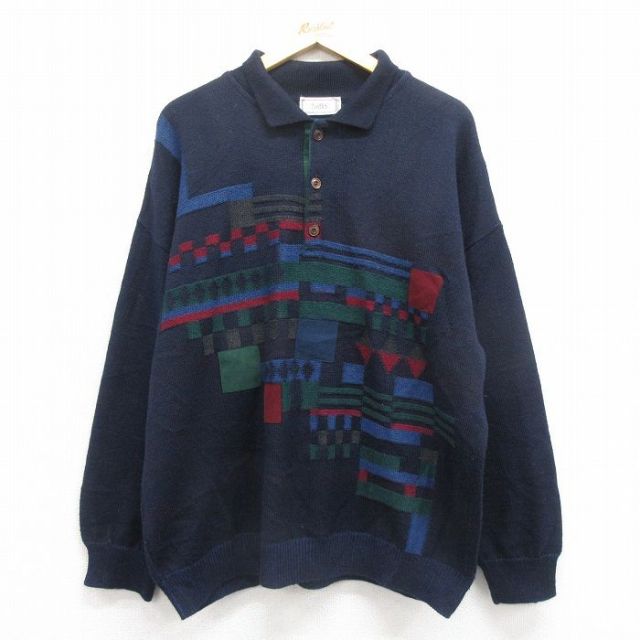 XL★古着 長袖 セーター メンズ 90年代 90s 襟付き イタリア製 紺他 ネイビー 25nov01 中古 ニット トップス