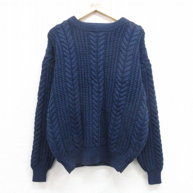 XL★古着 タウンクラフト 長袖 ケーブル セーター メンズ 90年代 90s アクリル クルーネック 紺 ネイビー 25nov01 中古 ニット トップス