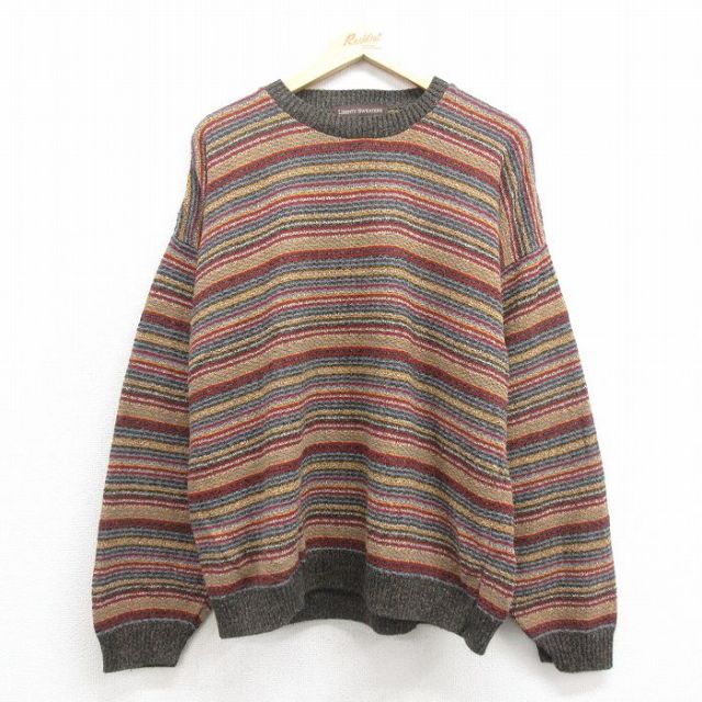 XL★古着 リバティ 長袖 セーター メンズ 00年代 00s クルーネック USA製 グレー他 ボーダー 【spe】 25nov01 中古 ニット トップス