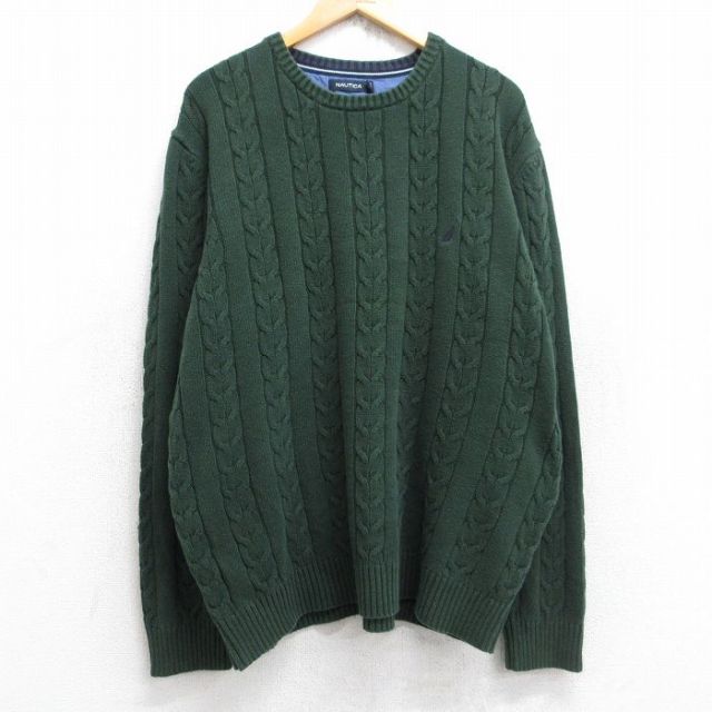 【50%OFF】ノーティカ ケーブルセーター ワンポイントロゴ グリーン XL | 古着