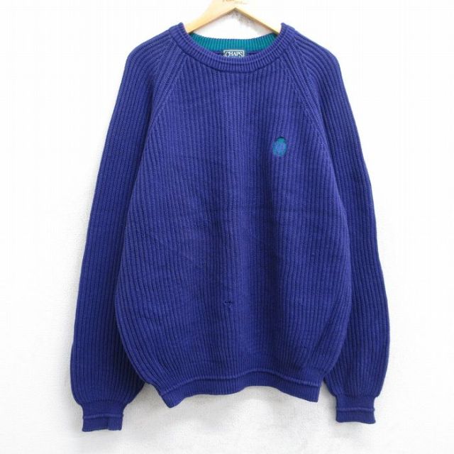 XL★古着 ラルフローレン Ralph Lauren チャップス 長袖 ブランド セーター メンズ 80年代 80s ワンポイントロゴ ラグラン コットン クルーネック 紫 パープル 25nov01 中古 ニット トップス
