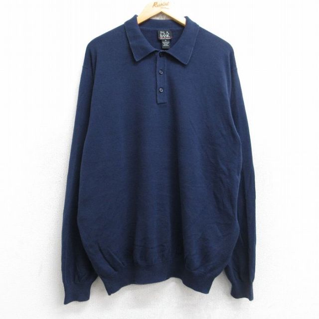 XL★古着 JOS A BANK 長袖 セーター メンズ 無地 襟付き コットン 紺 ネイビー 25nov01 中古 ニット トップス