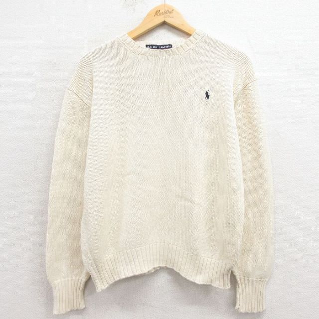 L★古着 ラルフローレン Ralph Lauren ポロスポーツ 長袖 ブランド セーター メンズ 90年代 90s ワンポイントロゴ コットン クルーネック 白 ホワイト 25nov01 中古 ニット トップス
