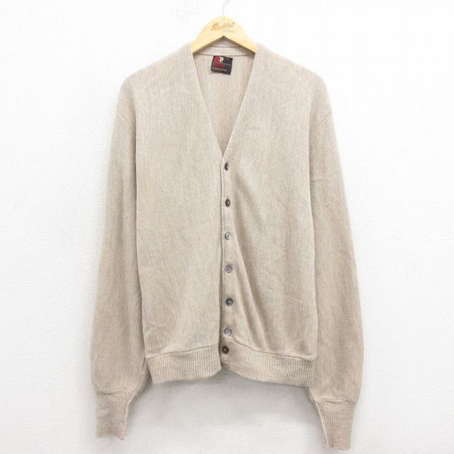 L★古着 アーノルドパーマー 長袖 ニット カーディガン メンズ 80年代 80s 無地 アクリル USA製 ベージュ カーキ 霜降り 25nov01 中古 トップス
