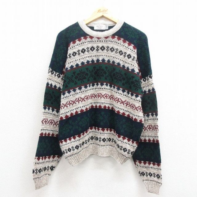 XL★古着 シアーズ 長袖 セーター メンズ 90年代 90s フェアアイル アクリル クルーネック USA製 紺他 ネイビー 【spe】 25nov01 中古 ニット トップス