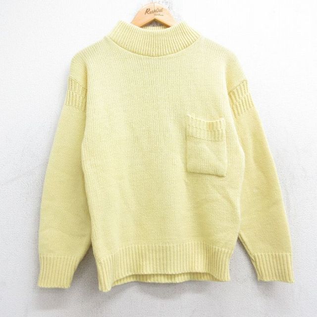 S★古着 長袖 セーター メンズ 90年代 90s 無地 胸ポケット付き アクリル モックネック ハイネック USA製 黄色 イエロー 25nov04 中古 ニット トップス