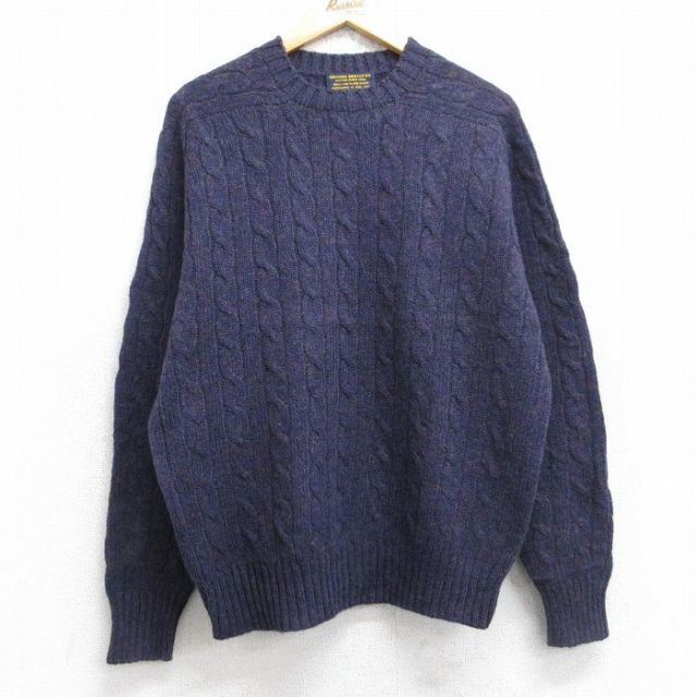 L★古着 ブルックスブラザーズ BROOKS BROTHERS 長袖 ブランド ケーブル セーター メンズ 00年代 00s 手織り ラグランシェットランドウール クルーネック 紫 パープル 25nov04 中古 ニット トップス