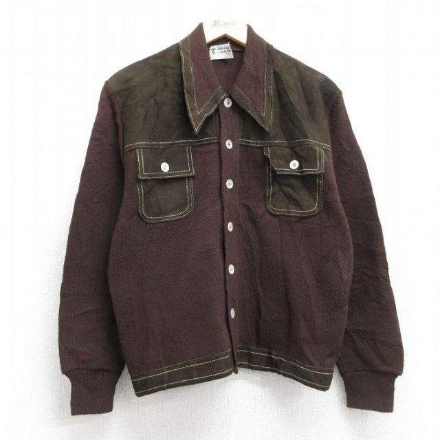 M★古着 長袖 ニット カーディガン メンズ 80年代 80s アクリル 茶 ブラウン 25nov04 中古 トップス