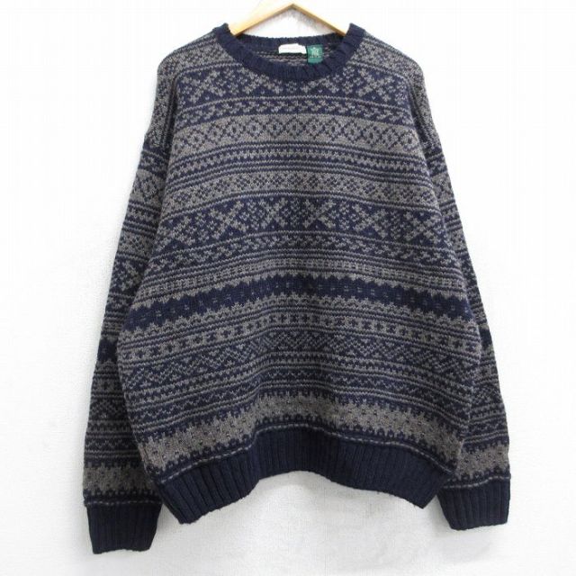 XL★古着 G.H.BASS 長袖 セーター メンズ 00年代 00s フェアアイル ウール クルーネック イングランド製 紺他 ネイビー 【spe】 25nov04 中古 ニット トップス