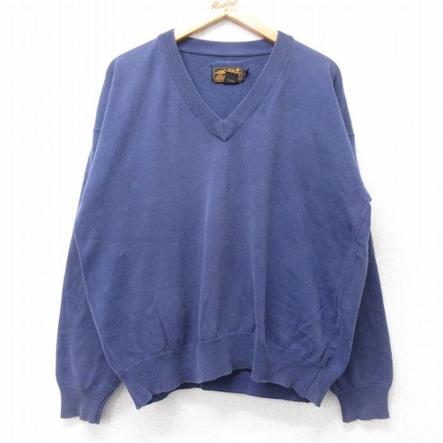 【20%OFF】XL★古着 エディーバウアー 長袖 セーター メンズ 90年代 90s コットン Vネック イギリス製 紺 ネイビー 25nov05 中古 ニット トップス