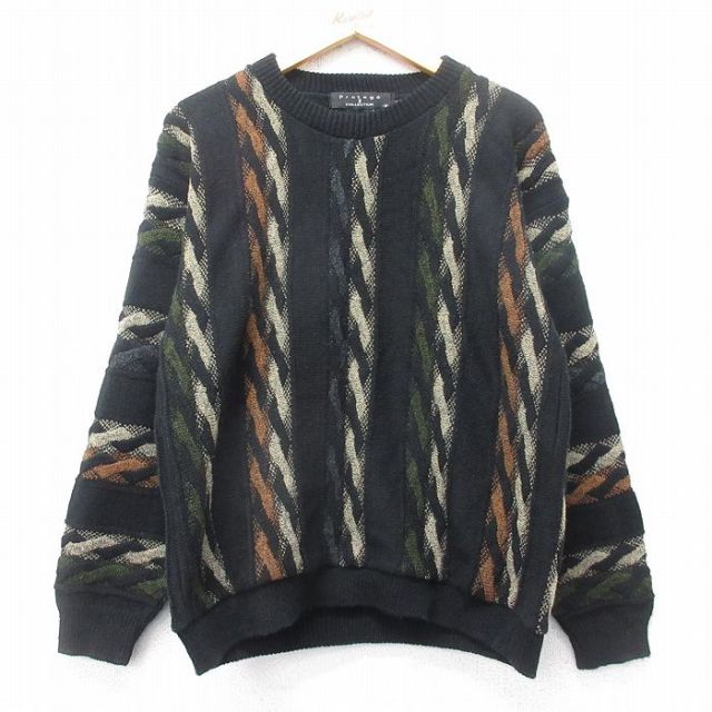 M★古着 長袖 セーター メンズ 90年代 90s アクリル クルーネック USA製 黒他 ブラック 【spe】 25nov05 中古 ニット トップス