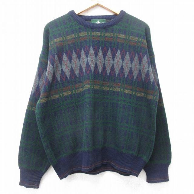 【20%OFF】L★古着 長袖 セーター メンズ 90年代 90s アーガイル クルーネック イタリア製 紺他 ネイビー 25nov05 中古 ニット トップス