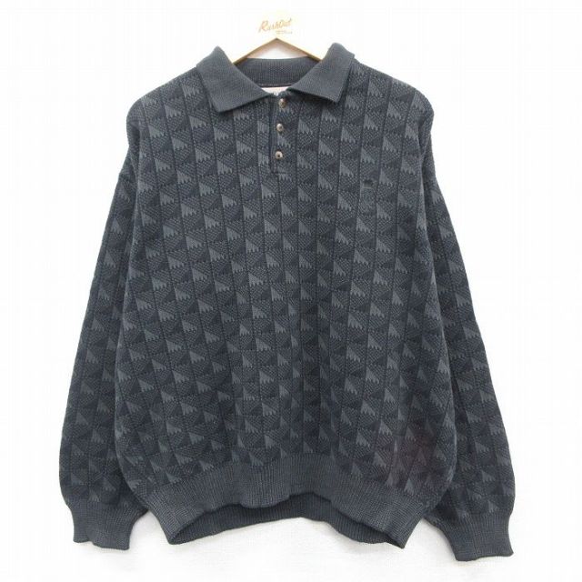 XL★古着 長袖 セーター メンズ 90年代 90s 襟付き 大きいサイズ コットン USA製 濃グレー 25nov05 中古 ニット トップス