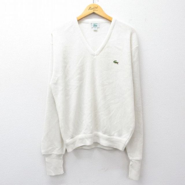 L★古着 IZOD ラコステ LACOSTE 長袖 ブランド セーター メンズ 90年代 90s ワンポイントロゴ アクリル Vネック USA製 白 25nov11