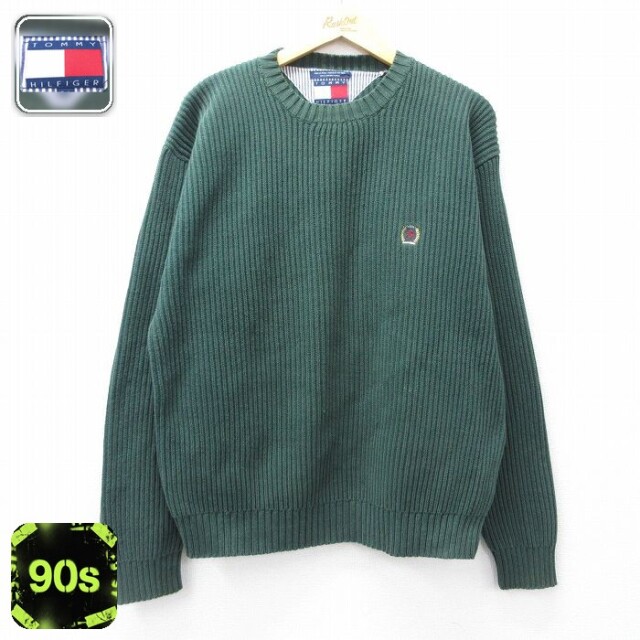 トミーヒルフィガー 90s 長袖セーター ワンポイントロゴ グリーン XL | 古着